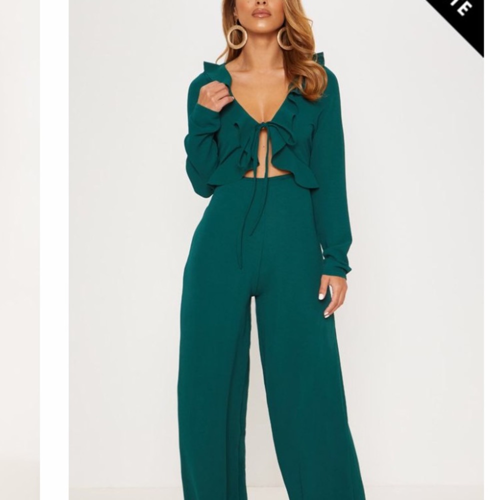 Emerald Green Long Sleeve Frill Tie Front Jumpsuit